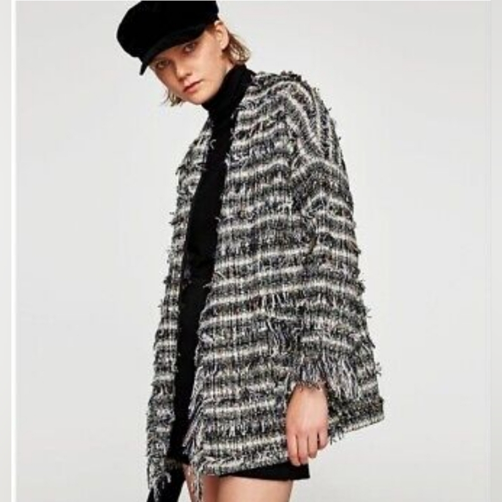 Zara Frayed Tweed Fringe Jacket